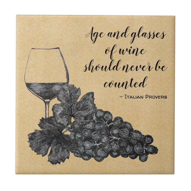 Ink Wine Glass Grapes Old Paper Background Tile (Front)