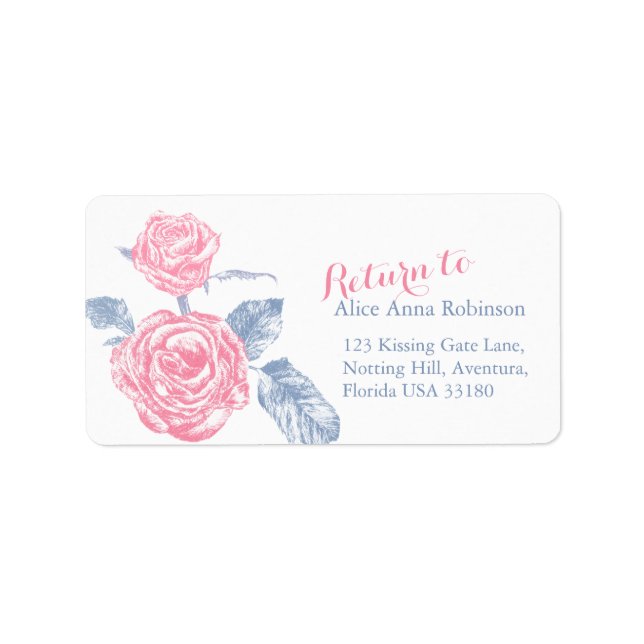 Inked art roses pink blue address labels (Front)