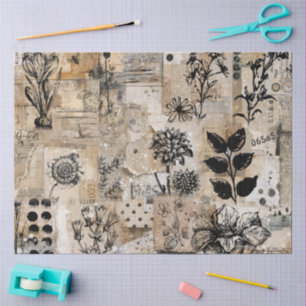Inked Botanical Collage Decoupage Tissue Paper