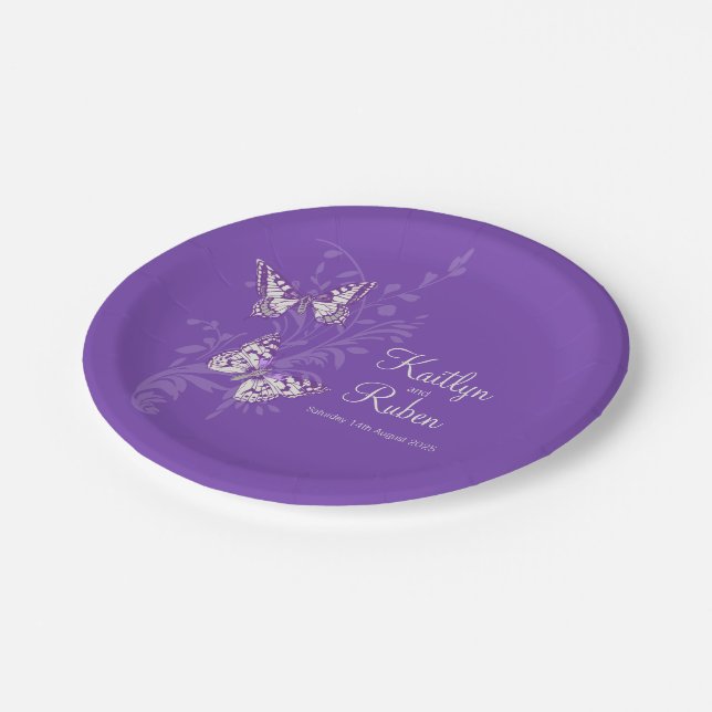 Inked butterflies purple art wedding paper plates (Angled)