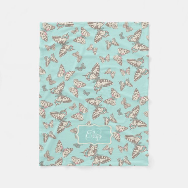 Inked butterfly pattern aqua teal named blanket (Front)