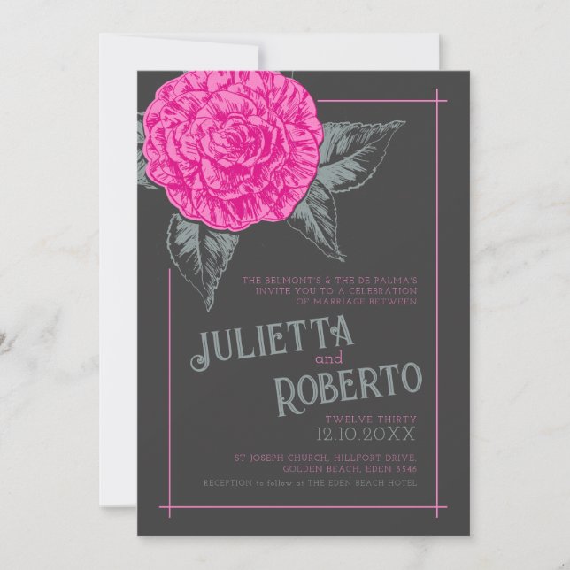 Inked camellia wedding pink grey brown invitation (Front)