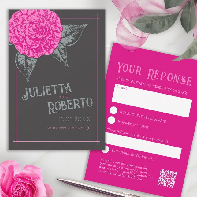 Inked camellia wedding pink grey brown  RSVP card (Creator Uploaded)