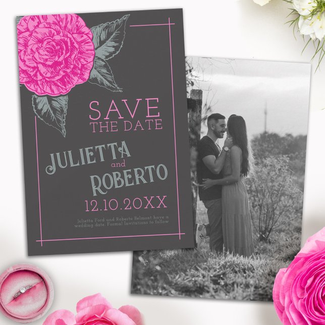 Inked camellia wedding pink grey brown save the date (Creator Uploaded)