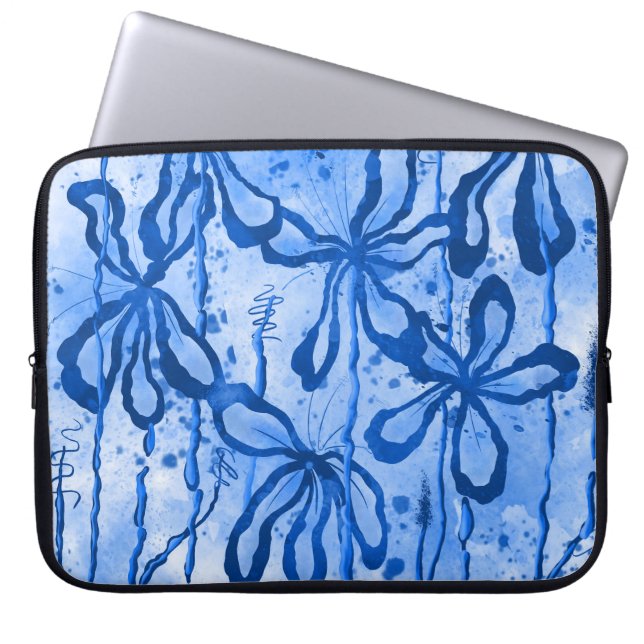 Inked Flowers Blue Laptop Sleeve (Front)