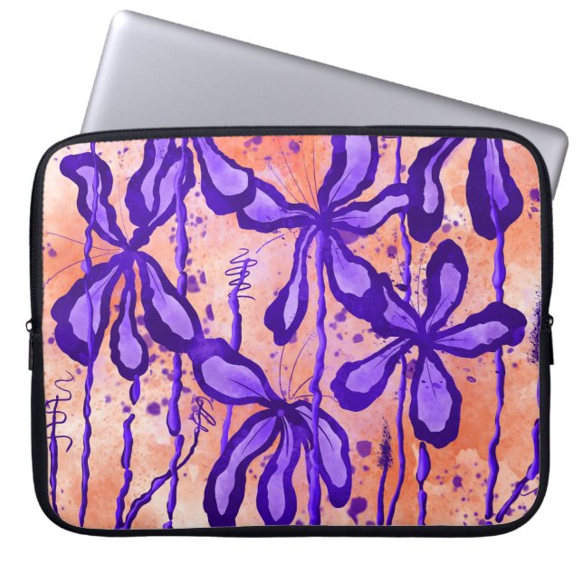 Inked Flowers Orange & Violet Laptop Sleeve (Front)