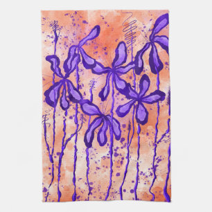 Inked Flowers Tropical Sky Purple Lilies  Tea Towel