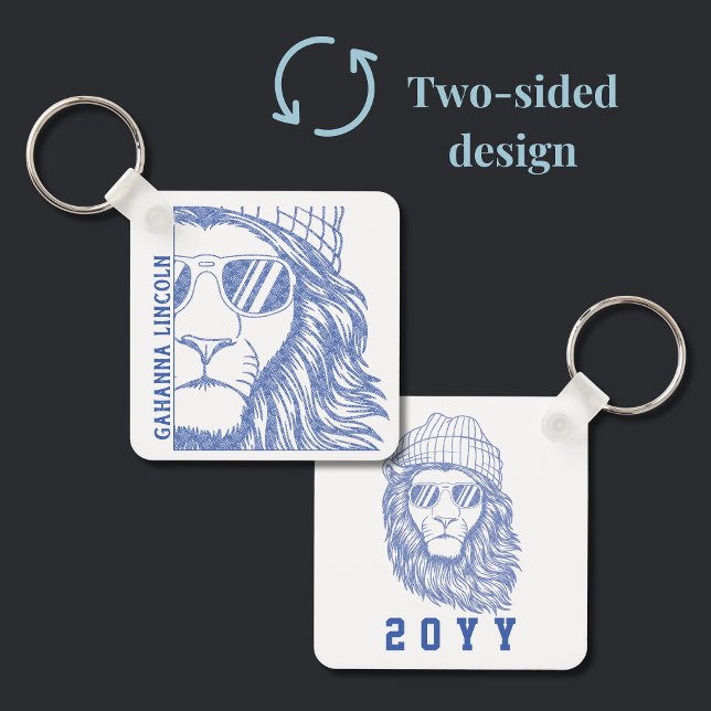 Inked Lion Mascot School Graduation Year  Key Ring (Square Blue Lion keychain allows you to customize the school name and graduation year. )
