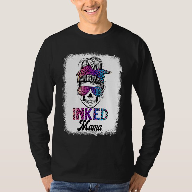 Inked Mama Bleached Leopard Messy Bun Skull Mom T-Shirt (Front)