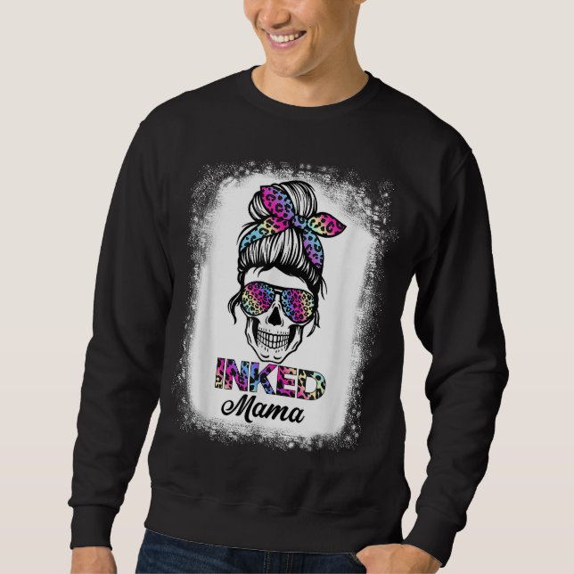 Inked Mama Rainbow Leopard Print Messy Bun Skull M Sweatshirt (Front)