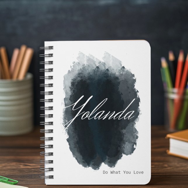 Inked Signature Bold Notebook (“Notebook with bold script signature across center, navy watercolor ink smear, and inspiring quote.”)