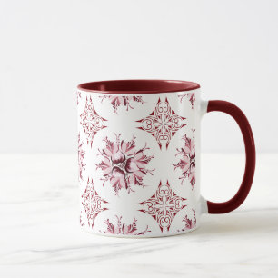 Inky Floral Coffee Mug Burgundy Maroon and White