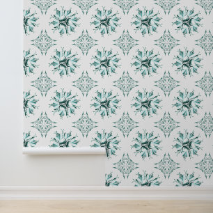 Inky Floral Wallpaper   Teal Green White