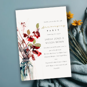 Inky Red Green Boho Florals Wedding Anniversary Invitation