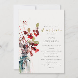 Inky Red Green Vintage Boho Florals Baptism Invitation