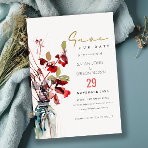 Inky Red Green Vintage Boho Florals Wedding Save The Date