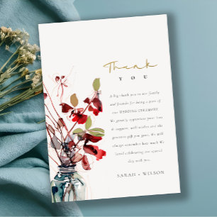 Inky Red Green Vintage Boho Florals Wedding Thank You Card