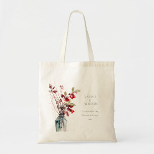 Inky Red Green Vintage Boho Florals Wedding Tote Bag