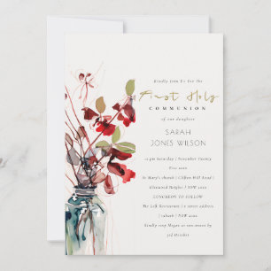 Inky Red Green Vintage Floral First Holy Communion Invitation