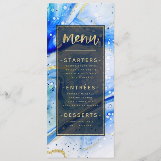 Inky Splash Blue Marble with Gold foil Dinner Menu (Front)
