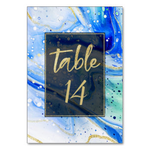 Inky Splash Blue Marble with Gold foil Wedding Table Number
