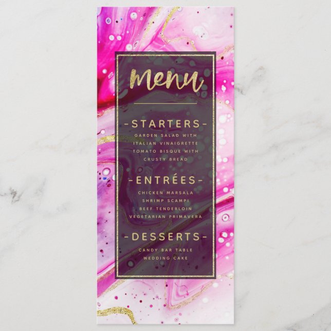 Inky Splash Pink Marble with Gold foil Dinner Menu (Front)