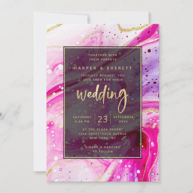 Inky Splash Pink Marble with Gold foil Wedding Invitation (Front)