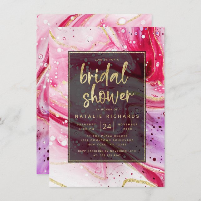 Inky Splash Red Marble with Gold Bridal Shower Invitation (Front/Back)