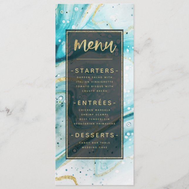 Inky Splash Teal Marble with Gold foil Dinner Menu (Front)