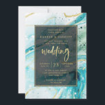 Inky Splash Teal Marble with Gold foil Wedding Invitation<br><div class="desc">Inky Splash Teal Aqua Marble with Gold foil Painted Alcohol Ink background texture, gold foil look veins and streaky lines, and lots of cells and dots. A super trendy ultra Modern Luxe Look for any season, with bright colourful colour palette : Black, teal green, ocean aqua blue, White, and gold,...</div>