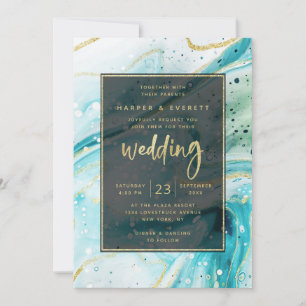 Inky Splash Teal Marble with Gold foil Wedding Invitation