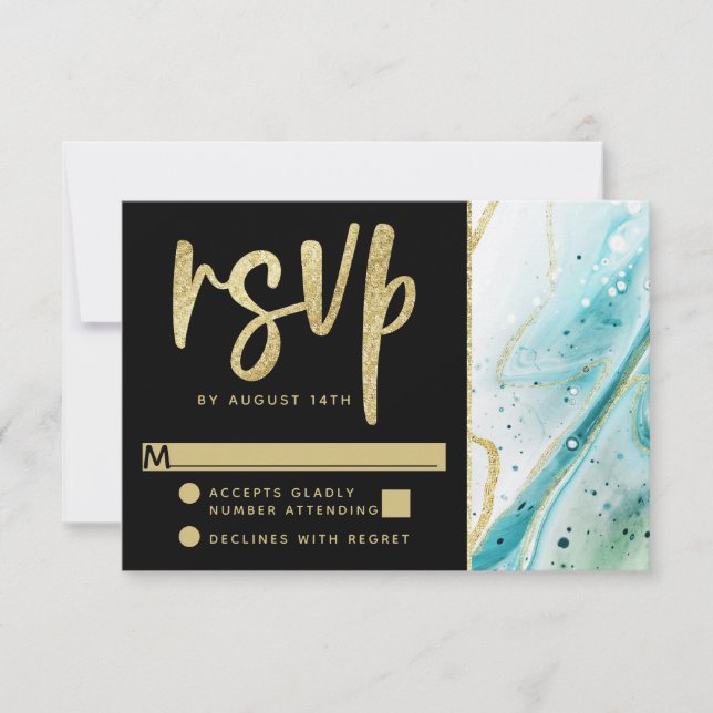 Inky Splash Teal Marble with Gold foil Wedding RSVP Card (Front)
