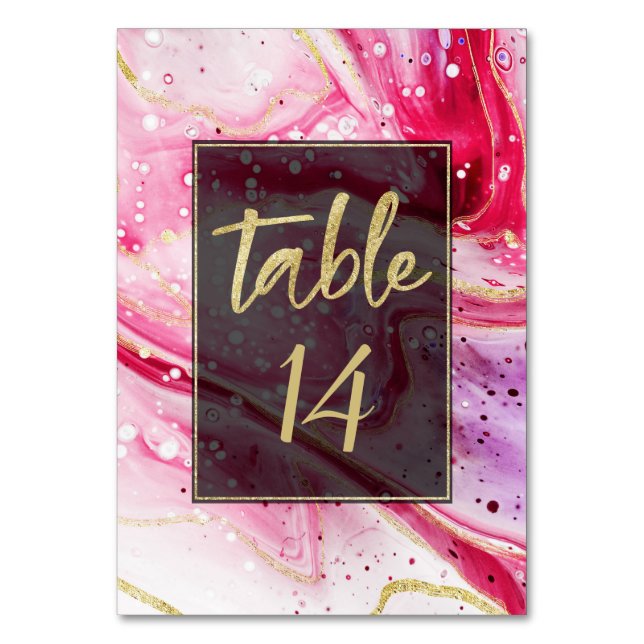 Inky Splash Wine Red Marble with Gold foil Wedding Table Number (Front)