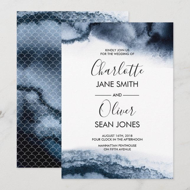 Inky Watercolour Wedding invitation (Front/Back)