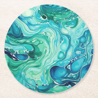 Inky Wave 1 Turquoise Blue Round Paper Coaster