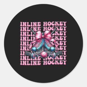Inline Hockey Player Girl Coquette Bow Pink Ribbon Classic Round Sticker