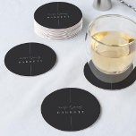 Inline | Modern Minimal Personalised Wedding Round Paper Coaster<br><div class="desc">A beautiful minimalist typography based wedding design featuring your first names in modern handwritten script,  with your surname beneath in serif classic lettering.</div>