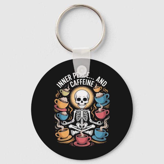 Inner Peace And Caffeine Skeleton Yoga Design _1  Key Ring (Front)
