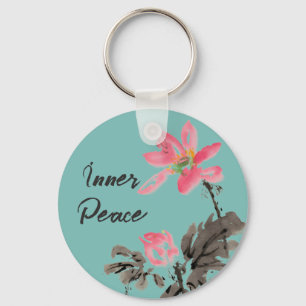 Inner Peace Positive Quote Watercolor Floral Lotus Key Ring