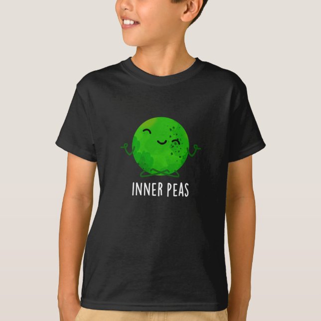 Inner Peas Funny Meditating Pea Pun Dark BG T-Shirt (Front)