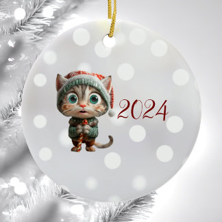 Innocent Cat Christmas Elf Ceramic Ornament