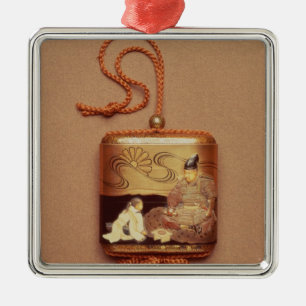 Inro showing a servant kneeling before a metal tree decoration