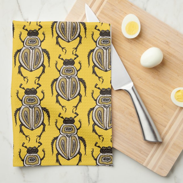 Insect Lover Yellow Decorative Beetle Art Tea Towel (Quarter Fold)