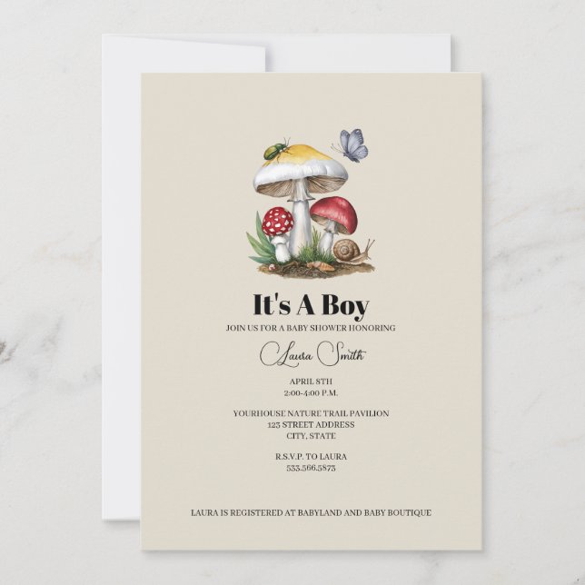 Insects Mushroom Woodland Nature Boy Baby Shower I Invitation (Front)