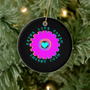 Insert Coin Retro Arcade Extra Life Gamer Heart Ceramic Tree Decoration