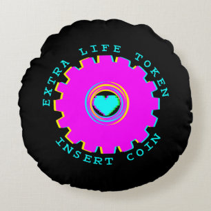 Insert Coin Retro Arcade Extra Life Gamer Heart Round Cushion