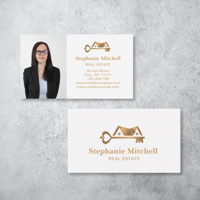 Insert Photo Real Estate Realtor Key House Gold (gold house and key real estate logo design business card)