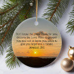 Inspirational Bible Verse Jeremiah 29:11 Sunrise Ceramic Tree Decoration<br><div class="desc">For I know the plans I have for you, declares the Lord. Plans to prosper you and not to harm you, plans to give you hope and a future. Jeremiah 29:11 bible verse on a beautiful ocean sunrise photography gift. This inspirational quote Christmas ornament features an uplifting biblical quotation and...</div>