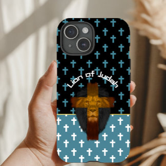 Inspirational Black Blue White Cross Lion of Judah iPhone 15 Case
