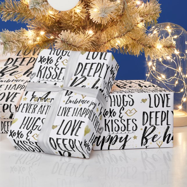 Inspirational Black Gold Love Kisses XOXO Hearts Wrapping Paper (Holidays)